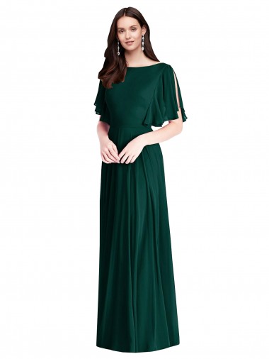 Cheap Ever Green Bateau Neck Bell Sleeves V-Back Long Maxi Evening Dress UK
