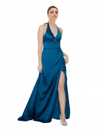 Cheap Peacock Blue Halter Neck Sleeveless Open Back Long Evening Dress UK