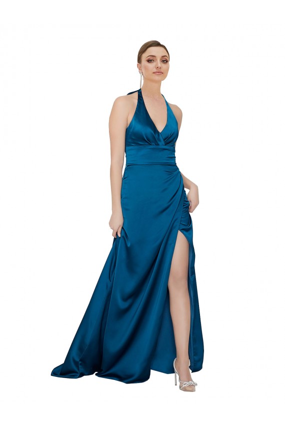 Purcahse  Peacock Blue Halter Neck Sleeveless Open Back Long Evening Dress UK