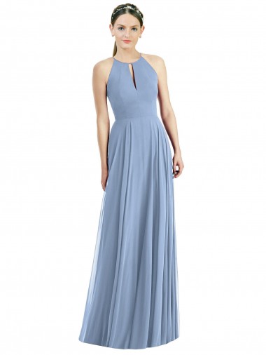 Cheap Dusty Blue Halter Neck Sleeveless Long Maxi Evening Dresses UK