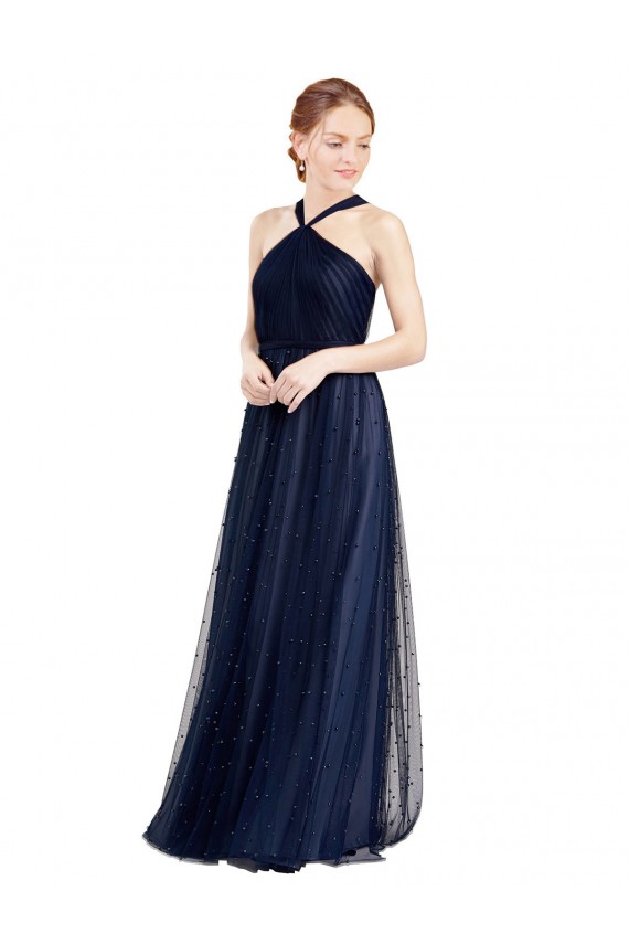 Purcahse  Navy Blue Halter Neck Sleeveless Long Semi Formal Evening Dress UK