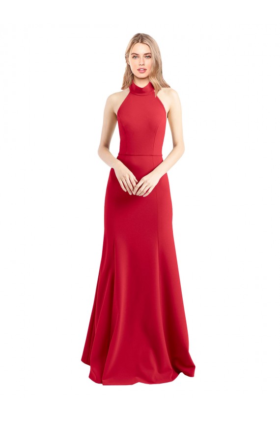 Purcahse  Red High Neck Sleeveless Open Back Stretch Crepe Long Evening Dress UK