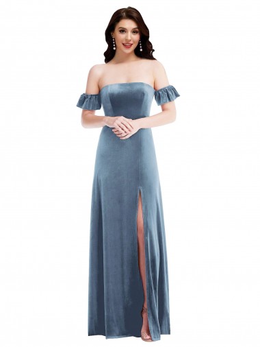Cheap Dusty Blue Off the Shoulder Ruffle Sleeves Low Back Long Maxi Evening Dress UK