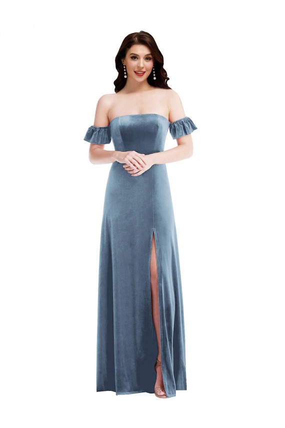 Purcahse  Dusty Blue Off the Shoulder Ruffle Sleeves Low Back Long Maxi Evening Dress UK