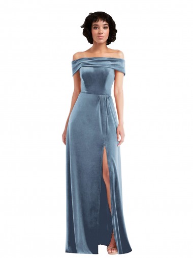 Cheap Dusty Blue Off the Shoulder Sleeveless Long Maxi Evening Dress UK