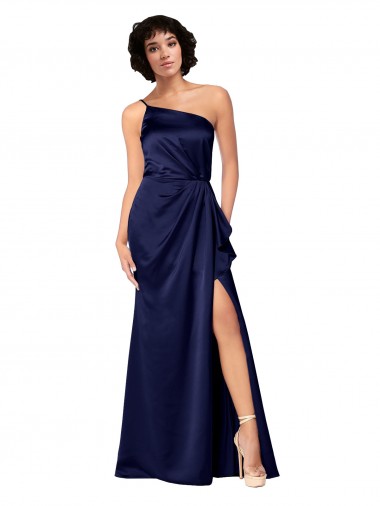 Cheap Sapphire One Shoulder Sleeveless Silky Satin Long Evening Dress UK