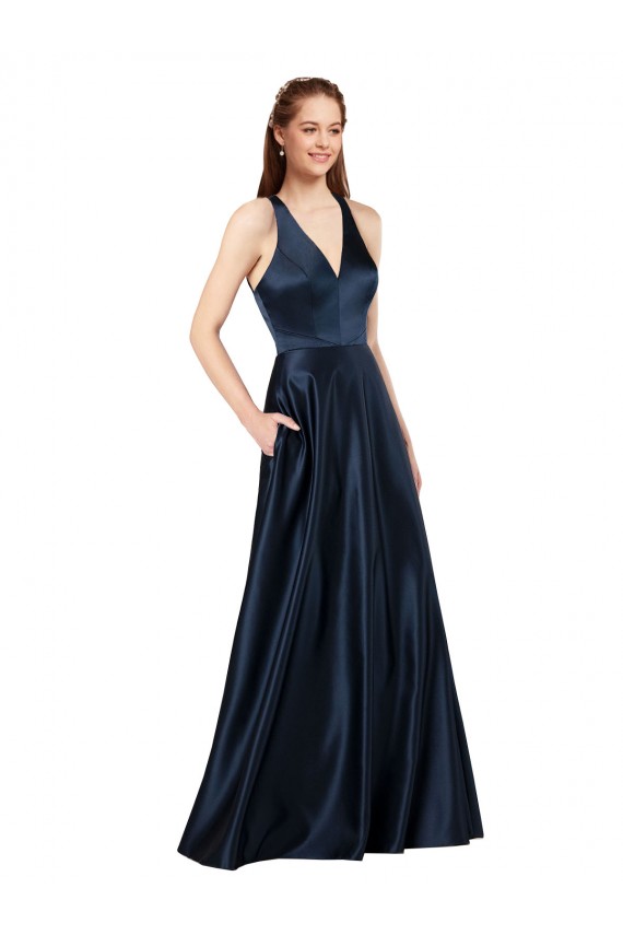 Purcahse  Dark Navy V-Neck Sleeveless Keyhole Back Satin Long Evening Dress UK