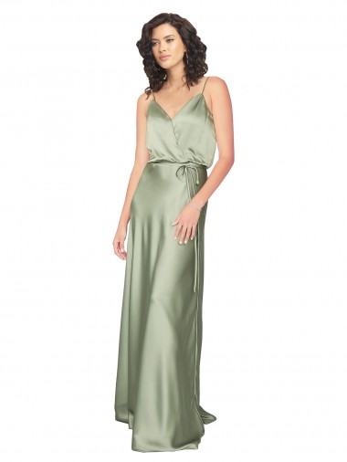 Cheap Smoke Green V-Neck Sleeveless V-Back Silky Satin Long Evening Dress UK