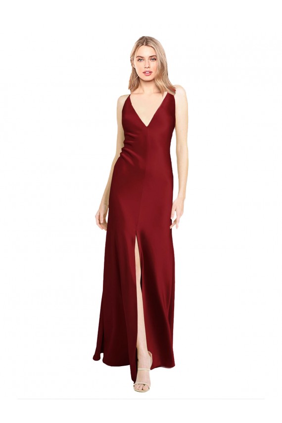 Purcahse  Burgundy V-Neck Sleeveless V-Back Stretch Satin Long Evening Dresses UK