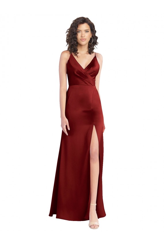 Purcahse  Burgundy V-Neck Sleeveless V-Back Stretch Satin Long Wedding Party Dress UK