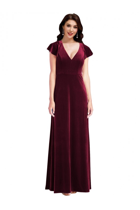 Purcahse  Burgundy V-Neck Flutter Sleeves Long Maxi Evening Dress UK