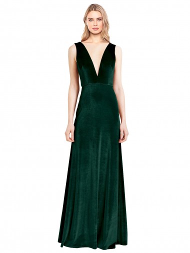 Cheap Dark Green V-Neck Sleeveless V-Back Long Wedding Party Dress UK