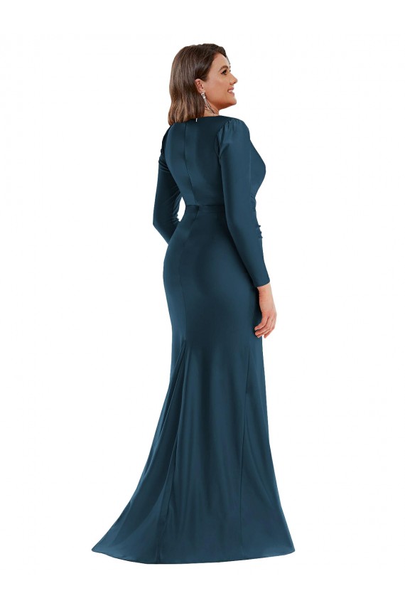 Purcahse  Atlantic Blue V-Neck Long Sleeves Long Plus Size Evening Dress UK