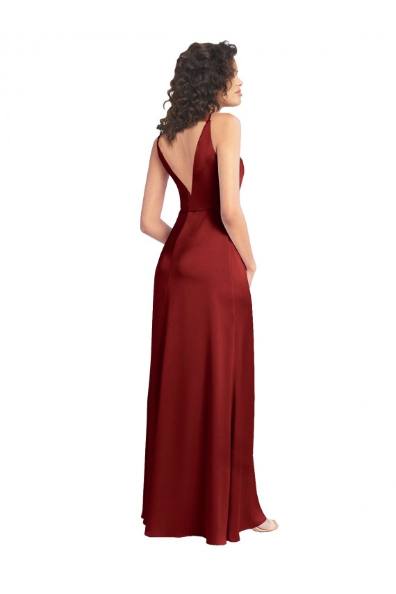 Purcahse  Burgundy V-Neck Sleeveless V-Back Stretch Satin Long Wedding Party Dress UK