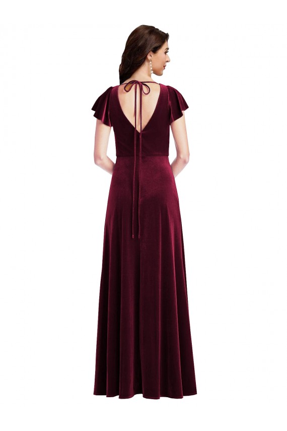 Purcahse  Burgundy V-Neck Flutter Sleeves Long Maxi Evening Dress UK