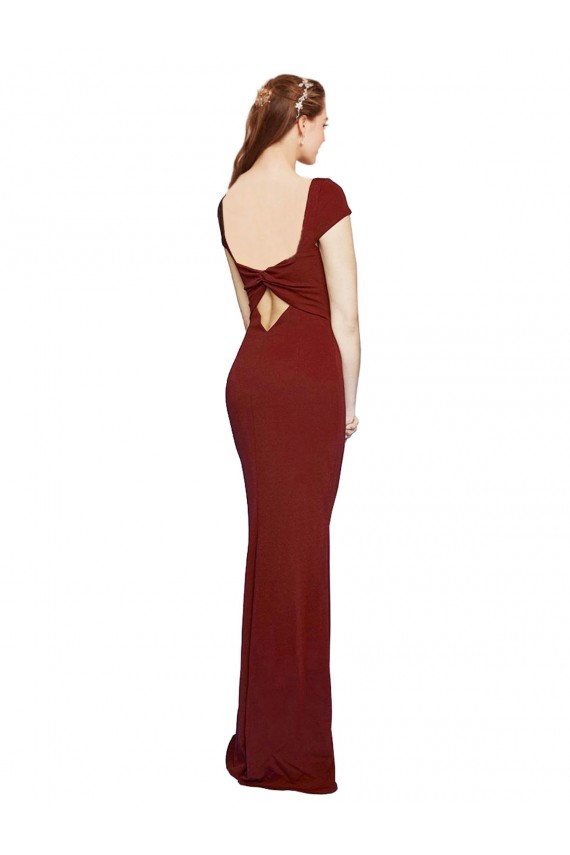 Purcahse  Burgundy Round Neck Cap Sleeves Keyhole Back Long Evening Dress UK