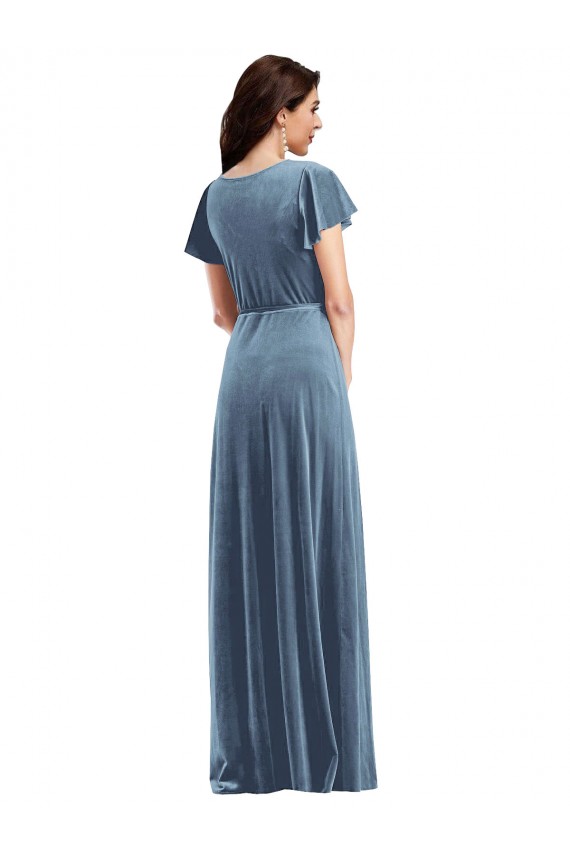 Purcahse  Dusty Blue V-Neck Flutter Sleeves Long Maxi Evening Dress UK