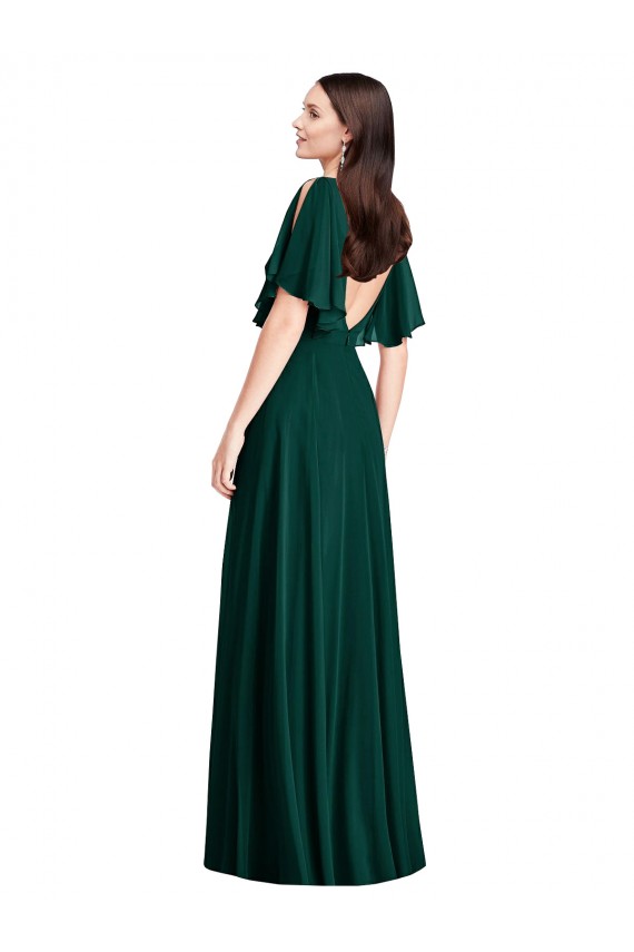Purcahse  Ever Green Bateau Neck Bell Sleeves V-Back Long Maxi Evening Dress UK
