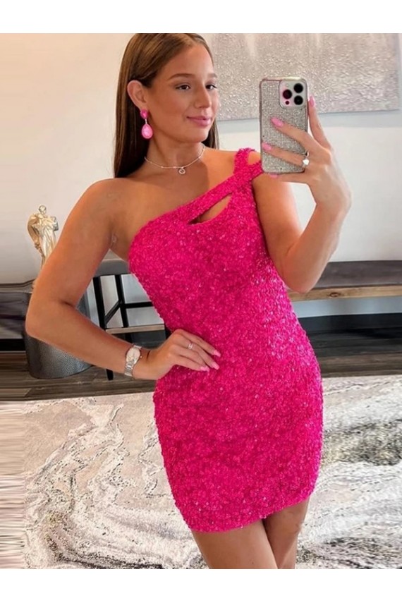 Purcahse  Fuchsia One Shoulder Sleeveless Short Short Evening Dress UK