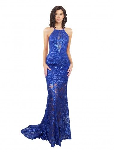 Cheap Royal Blue High Neck Sleeveless Open Back Long Semi Formal Evening Dress UK
