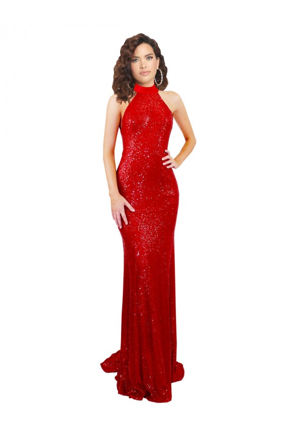 Purcahse  Red High Neck Sleeveless Open Back Sequin Long Evening Dress UK