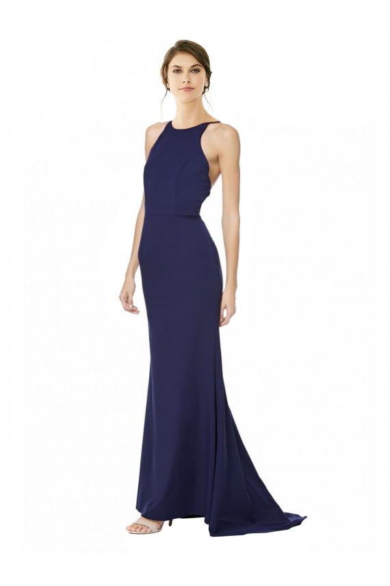 Purcahse  Navy Blue High Neck Sleeveless Criss Cross Open Back Long Evening Dress UK