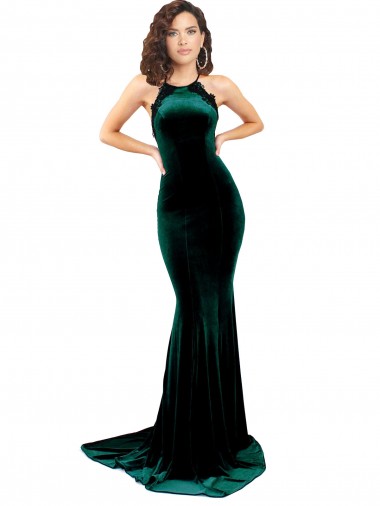 Cheap Dark Green High Neck Sleeveless Low Back Sweep Train Evening Dress UK