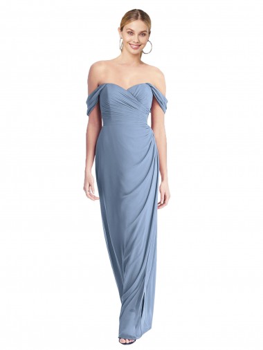 Cheap Dusty Blue Off the Shoulder Sleeveless Low Back Long Maxi Evening Dress UK
