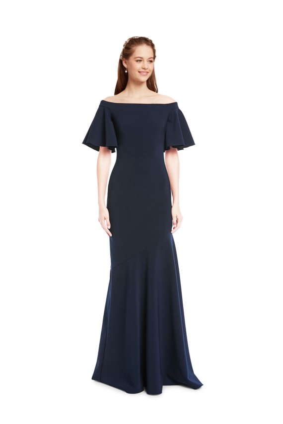 Purcahse  Dark Navy Off the Shoulder Short Sleeves Long Evening Dress UK