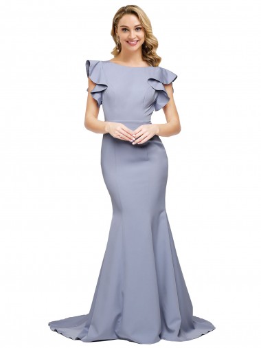 Cheap Smoke Blue Round Neck Sleeveless V-Back Sweep Train Evening Dress UK