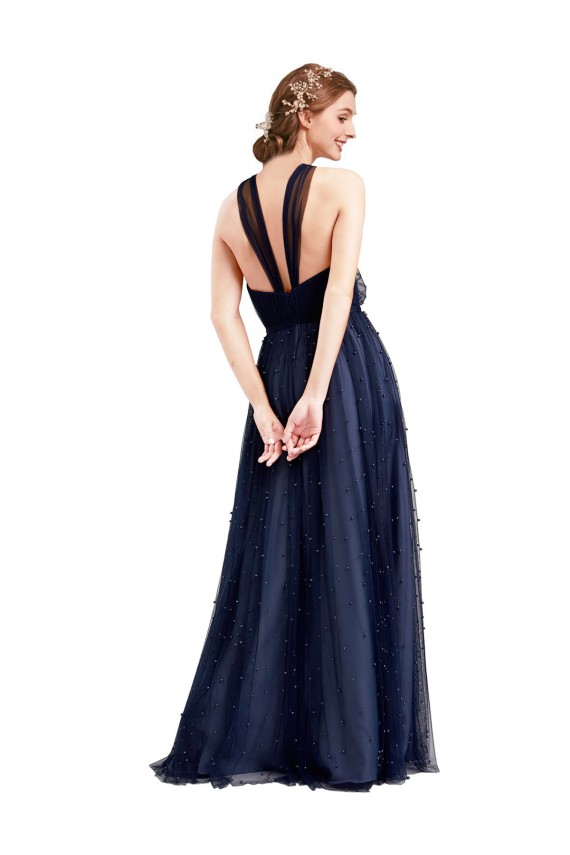 Purcahse  Navy Blue Halter Neck Sleeveless Long Semi Formal Evening Dress UK