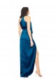 Purcahse  Peacock Blue High Neck Sleeveless Silky Satin Long Evening Dress UK