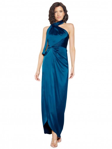 Cheap Peacock Blue High Neck Sleeveless Silky Satin Long Evening Dress UK