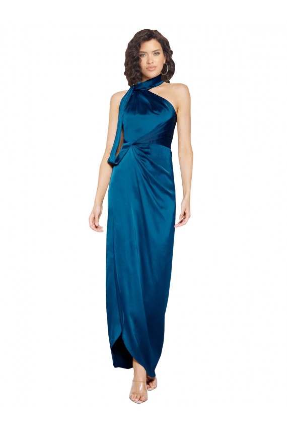 Purcahse  Peacock Blue High Neck Sleeveless Silky Satin Long Evening Dress UK