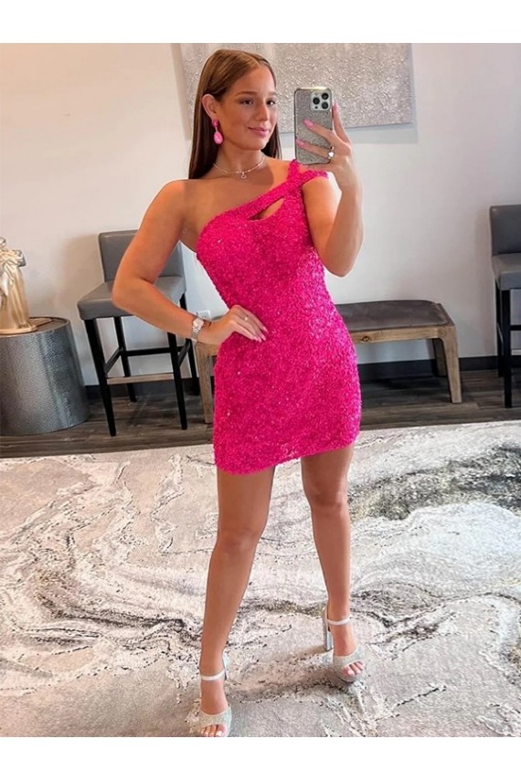 Purcahse  Fuchsia One Shoulder Sleeveless Short Short Evening Dress UK