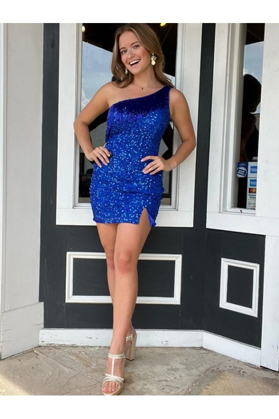 Purcahse  Royal Blue One Shoulder Sleeveless Short Short Evening Dress UK