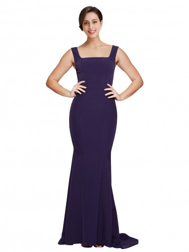 Cheap Dark Navy Square Neck Sleeveless Sweep Train Semi Formal Evening Dress UK
