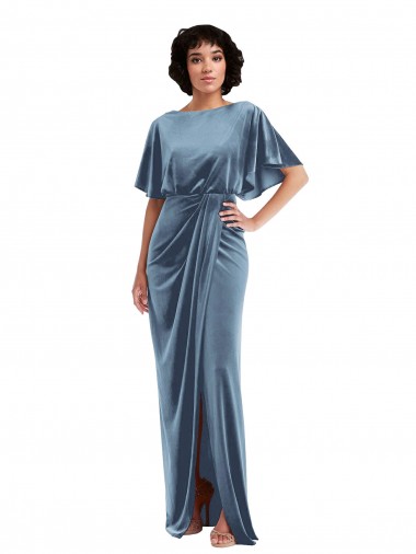 Cheap Dusty Blue Flutter Sleeves Open Back Long Maxi Evening Dress UK
