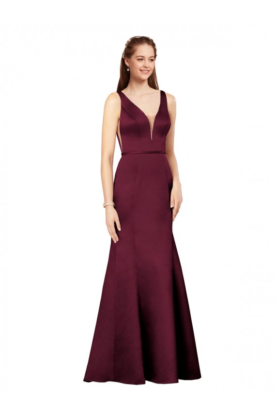 Purcahse  Burgundy V-Neck Sleeveless V-Back Satin Long Evening Dress UK