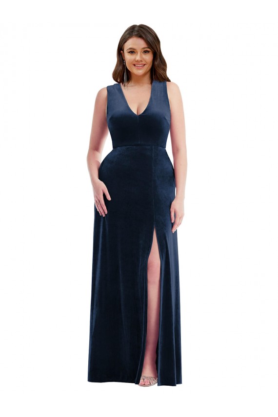 Purcahse  Dark Navy V-Neck Sleeveless Stretch Velvet Long Maxi Evening Dress UK