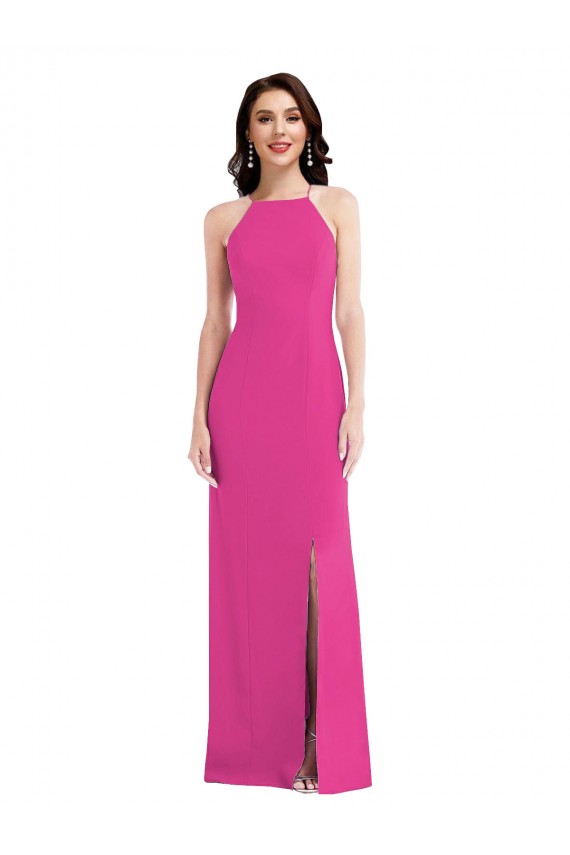 Purcahse  Fuchsia High Neck Sleeveless Open Back Stretch Crepe Long Maxi Evening Dress UK