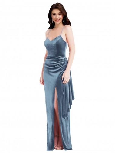 Cheap Dusty Blue Sweetheart Sleeveless Low Back Stretch Velvet Long Evening Maxi Dress UK