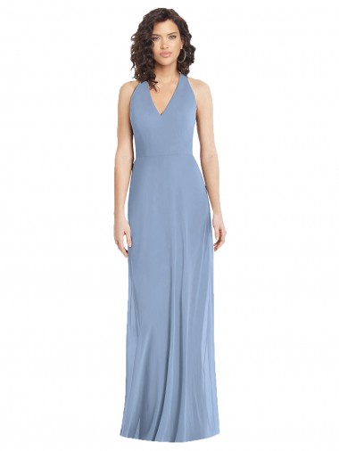 Cheap Dusty Blue V-Neck Sleeveless Open Back Luxe Chiffon Long Evening Dress UK