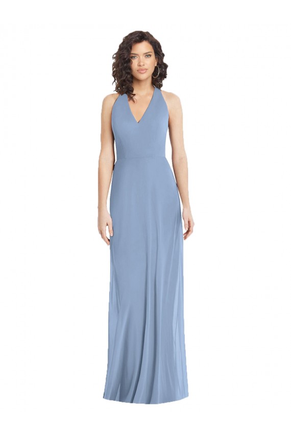 Purcahse  Dusty Blue V-Neck Sleeveless Open Back Luxe Chiffon Long Evening Dress UK